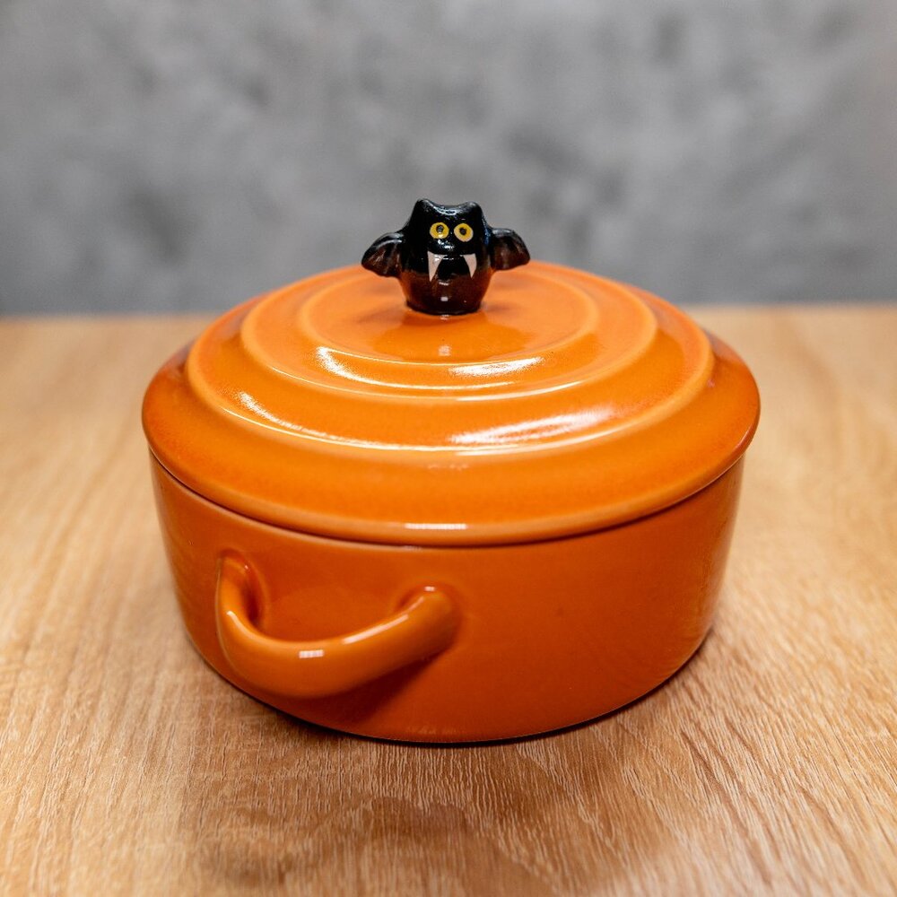Orange Ceramic Covered Casserole with Black Bat Knob